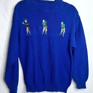 Vintage Winona Knits Mens Size Large Blue Embroidered Golfer Long Sleeve Sweater